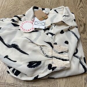 Umgee USA Small Black Brushstroke Print Sheer Button Front Long Sleeve Shirt